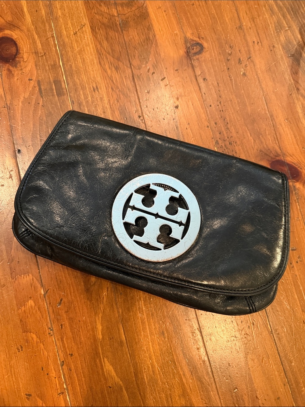 Tory Burch Black Leather Clutch with Gold Logo Accent
